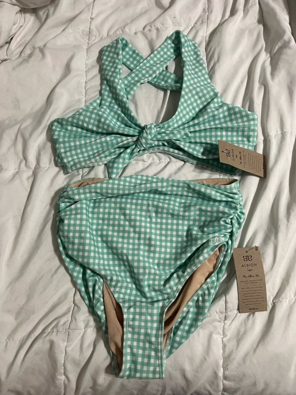 NWT Albion Fit Mint Check Top Knot High Waisted Ruched Bikini Set Size Small